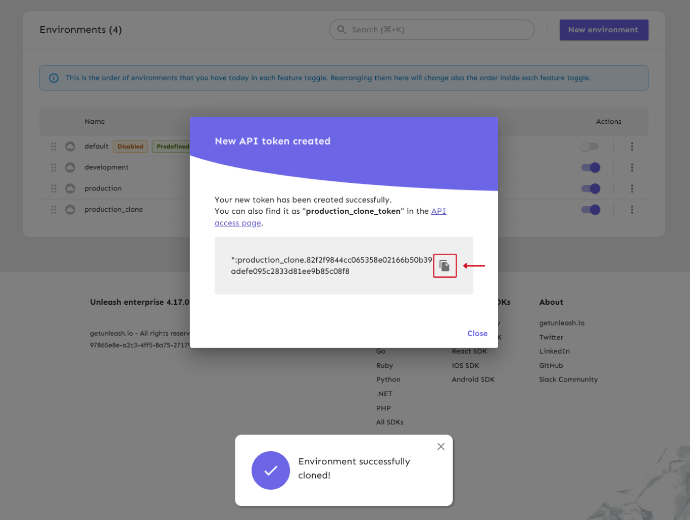 The token details with the &quot;Copy Token&quot; element highlighted.