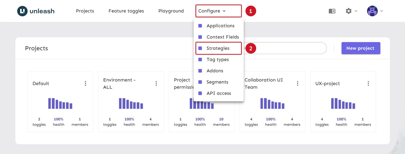 A visual guide for how to navigate to the strategies page in the Unleash admin UI. It shows the steps described in the preceding paragraph.